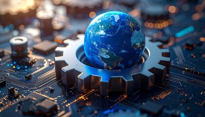 Earth globe inside a gear, on a circuit board background