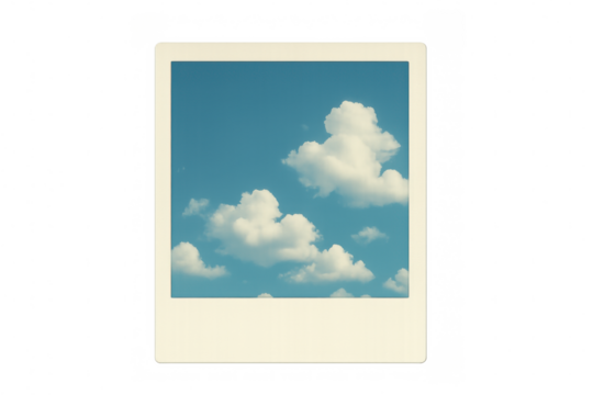Instant film print showing blue sky and fluffy white clouds, capturing a nostalgic travel memory, transparent background