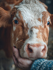 A close-up of a cow's face being gently held by a human hand, highlighting the bond between animals and people in a warm, rustic setting.