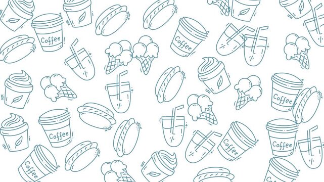 Whimsical food doodle pattern with hotdogs, coffee, ice cream. Suitable for packaging, textile prints, social media banners, stationery.