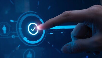 Finger taps checkmark on glowing touchscreen interface confirming data selection for secure modern technology, symbolizing agreement and approval online