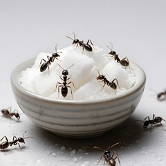 4k high quality Ai generative HD art work photo realistic sweet sugar white blocks closeup teamwork background surrounded by group of ants cane pixel