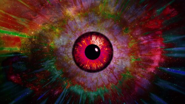 Close-up of a human iris with psychedelic multicolored patterns