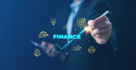 Businessman pointing to the word FINANCE with a glowing upward graph and golden financial icons, representing business growth, investment success, and financial strategy in modern corporate finance.
