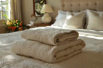 In a tranquil Scandinavian bedroom, two neatly rolled towels sit on a bed with a quilted white cover. Soft sunlight illuminates the space, highlighting the minimal decor and fresh flowers