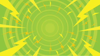 Energetic green and yellow abstract background with lightning bolts and concentric circles, symbolizing energy, electricity, and power burst.
