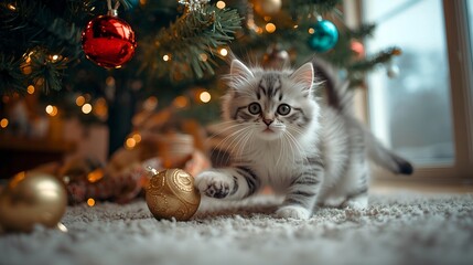 Obraz premium Playful Kitten with Gold Bauble by Decorated Tree – Cozy Holiday Pet Moment