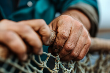 Close-up of weathered hands skillfully repairing a fishing net, showcasing tradition and craftsmanship. The strong hands weave the threads with precision and care.
