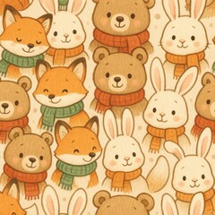 Adorable Winter Animals Pattern with Foxes, Bears, and Rabbits in Scarves