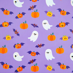 Cute Halloween vector seamless pattern with cartoon birds and flowers for a fun baby mathbf illustration