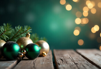 Gold and green Christmas balls on wooden plank background, blur lights, text space. Celebration background