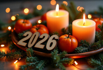 Decoration New Year background with 2026 numbers of the New Year, candles and lights
