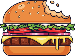 Bitten burger: An inviting burger with a single bite taken out, this colorful graphic captures the essence of this timeless fast food, showcasing all the delicious ingredients.