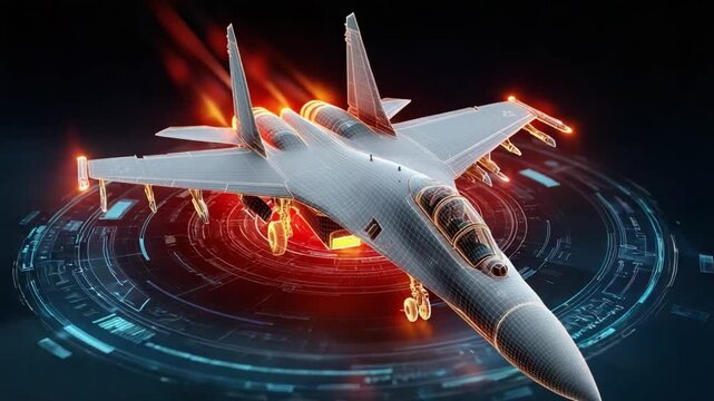 Sleek Fighter Jet in Flight: An advanced fighter jet soars through a dynamic technological environment. With sharp angles and a powerful stance, it embodies the cutting edge of aviation innovation