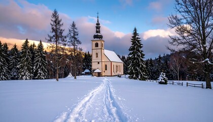 A winter scene of a church in a snow-covered landscape