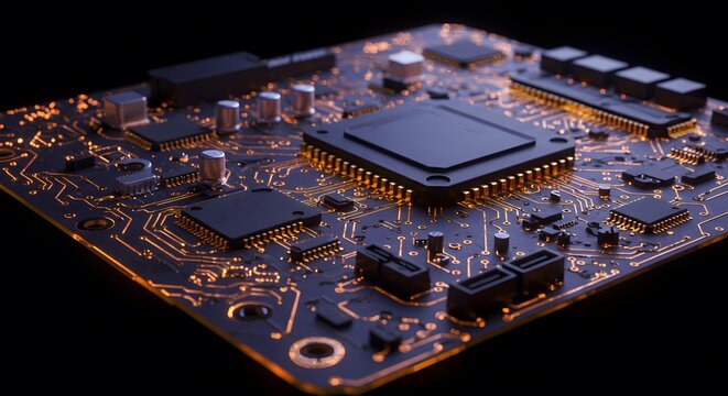 Close-up of a futuristic computer circuit board with glowing orange traces and microchips