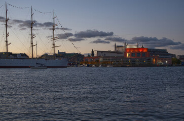 Cityscape panorama with ship and opera house in Gothenburg, Sweden.