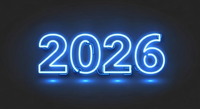 Happy New Year 2026 text in a realistic blue neon light style, glowing on a dark background for a futuristic party or celebration.