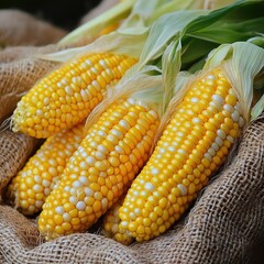 Fresh Corn Ears on Burlap