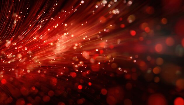 Radiant Light Aura On Crimson Bokeh: Abstract Decorative Elements For Various Uses. Luminous Radial Effect With Floating Pomegranate Elements And Sparkle. Realistic Design.