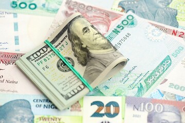 Nigerian naira currency money bills and bunch of us dollar banknotes close up. The concept of economics and currency exchange