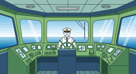Captain Navigating Ship Interior With Control Panel And Open Sea View