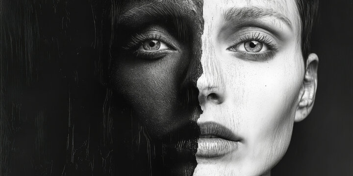 Close-up portrait of person with half face painted black and white split makeup artistic concept emotional expression contrasting skin tones dramatic lighting high contrast