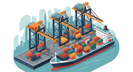 Cargo Ship At Dock With Gantry Cranes Isometric Illustration