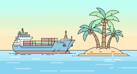 Cargo Ship Navigating Waters Near Deserted Island With Palm Trees