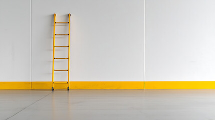 Minimalist view of a yellow ladder standing against a plain white wall with a yellow base in a bright space, highlighting simplicity and clean lines.