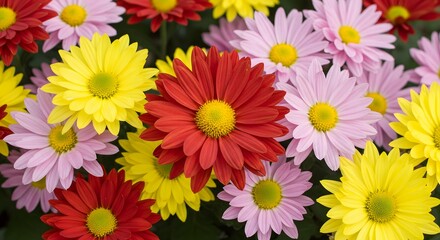 Close-up of vibrant red, yellow, and pink chrysanthemum flowers with yellow centers