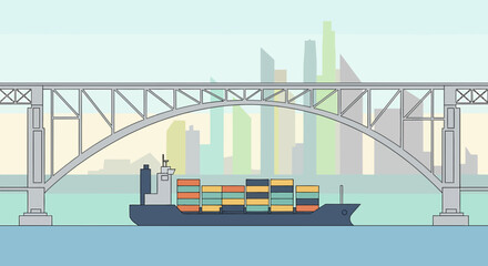 Container Ship Crossing Under Bridge With Urban Skyline Illustration