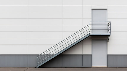 Metal stairs on a white wall with a gray base provide access to a door, creating a functional and visually striking architectural element. The stairway stands in geometric contrast.