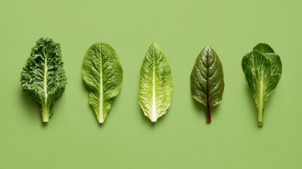 Leafy green kale romaine chard bok choy five leaves arranged in row on green background, fresh texture and vibrant color evoke healthy eating and natural simplicity