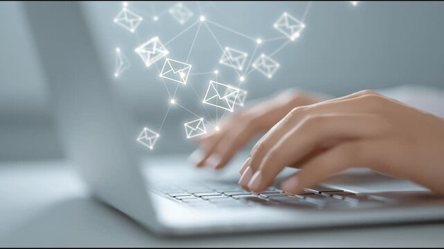 A person is typing on a laptop with a lot of emails on the screen. Concept of a busy workday, with the person likely working on multiple tasks and communicating with others through email