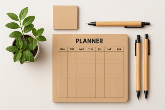 Eco-Friendly Office Essentials with Planner and Bamboo Pens - Powered by Adobe
