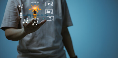 Person interacting with virtual AI interface icons for sound, text, and media generation Concept of artificial intelligence technology, digital innovation, creative automation future