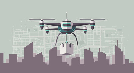 Drone Delivery Concept Over City Skyline Illustration Graphic Design