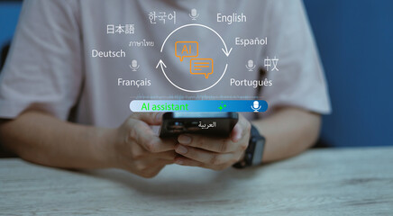 Person using AI voice assistant app for real-time language translation,Concept of artificial intelligence, speech recognition, multilingual technology, and smart communication future modern tools