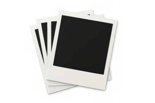 Stack of blank instant films with copy space, creating vintage memory concepts on transparent background