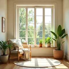 Cozy minimalist room with large window and sunlight streaming in, plants, books, warm wooden textures, soft neutral tones, aesthetic clean design, calming mood.