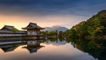 japanese landscape featuring traditional structures and serene mountain reflections at dawn
