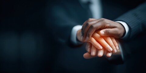 Business team stacking hands in supportive gesture symbolizing collaboration and leadership, diverse hands showing unity and trust in professional setting