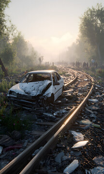 White sedan severely crushed on a double-track railway, debris scattered, train tracks stretching into the distance, early morning light, rural greenery, and distant figures.
