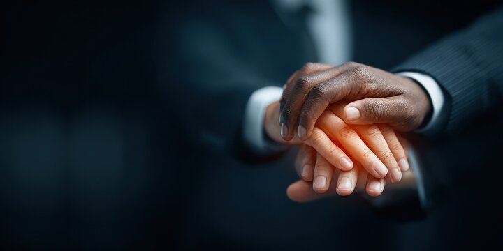 Business team stacking hands in supportive gesture symbolizing collaboration and leadership, diverse hands showing unity and trust in professional setting