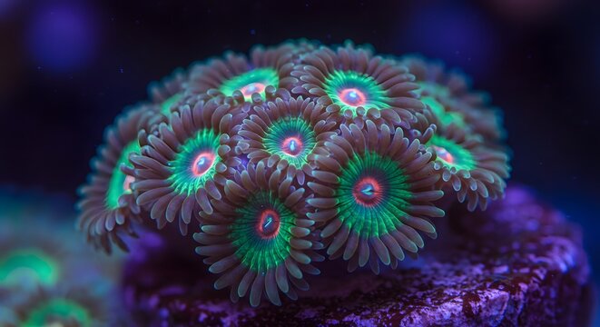 Close-up of vibrant green and pink zoanthus coral colony in saltwater aquarium