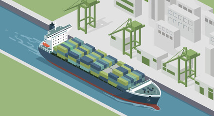 Isometric Cargo Ship Transporting Containers In Industrial Port