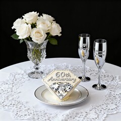 Diamond wedding anniversary celebration for a 60th milestone. Elegant table with champagne flutes, white roses, and decorative plaque on a black background