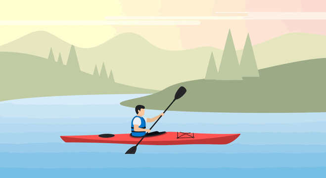 Kayaking Adventure On River During Sunset Or Sunrise