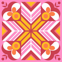 Retro Modern Floral Geometric Pattern – Colorful Symmetrical Abstract Design  
